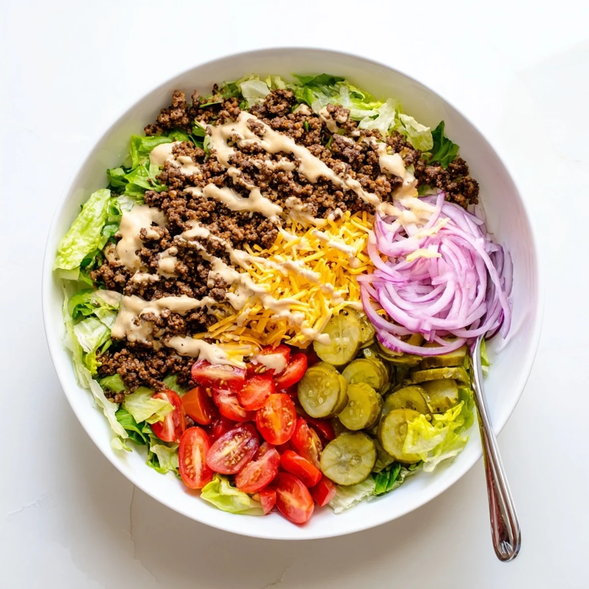 Low-carb Burger Bowls loaded with tomatoes, onions, pickles and creamy homemade dressing