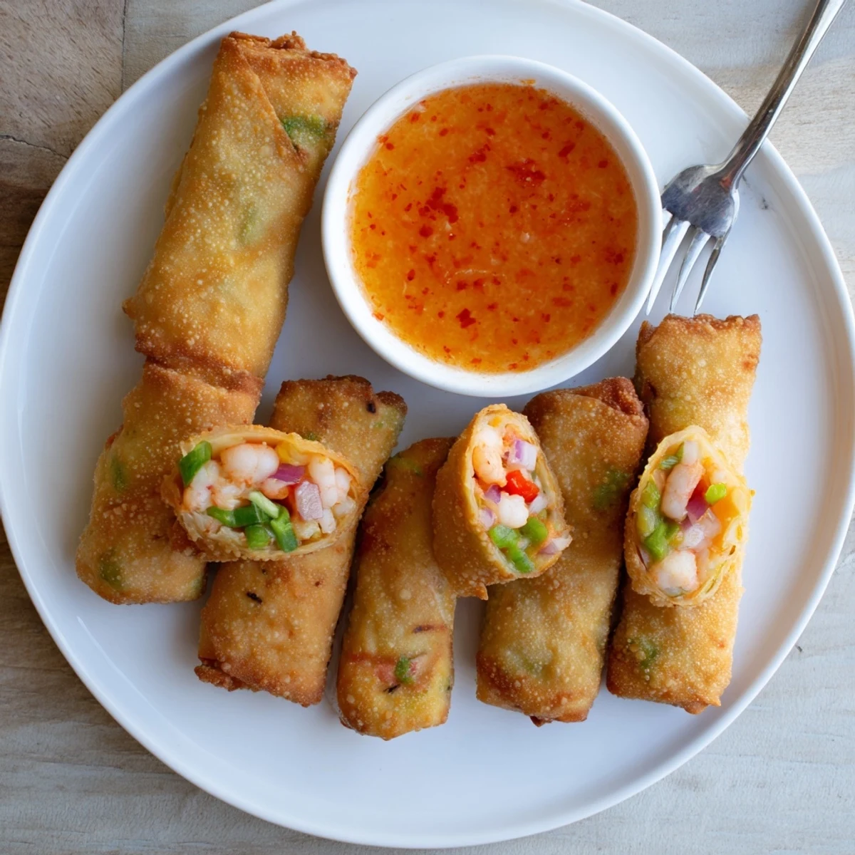 Crispy fried Voodoo Egg rolls filled with spicy sausage and colorful bell peppers on serving platter