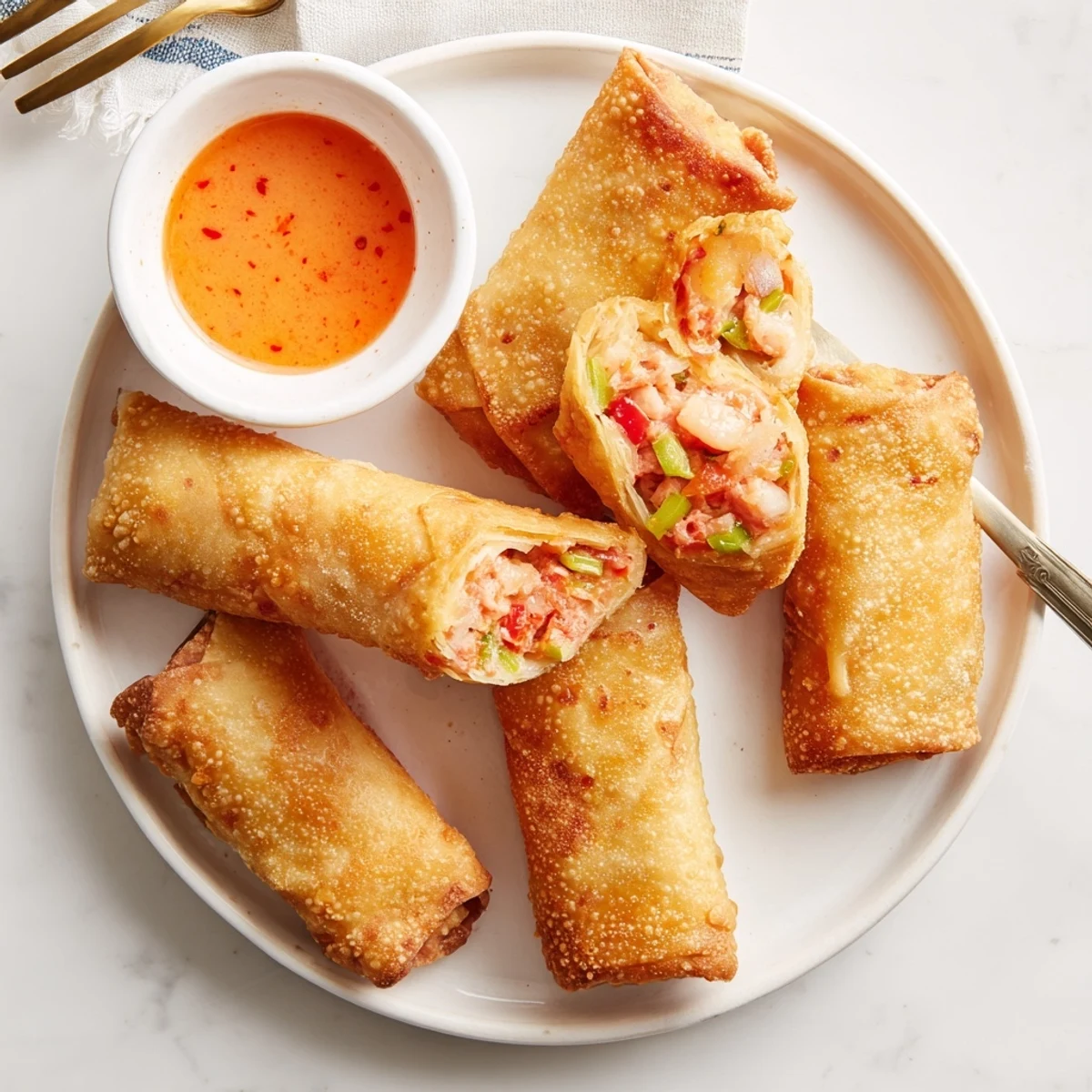 Golden brown Voodoo Egg Rolls featuring andouille sausage and shrimp with creamy Cajun dipping sauce