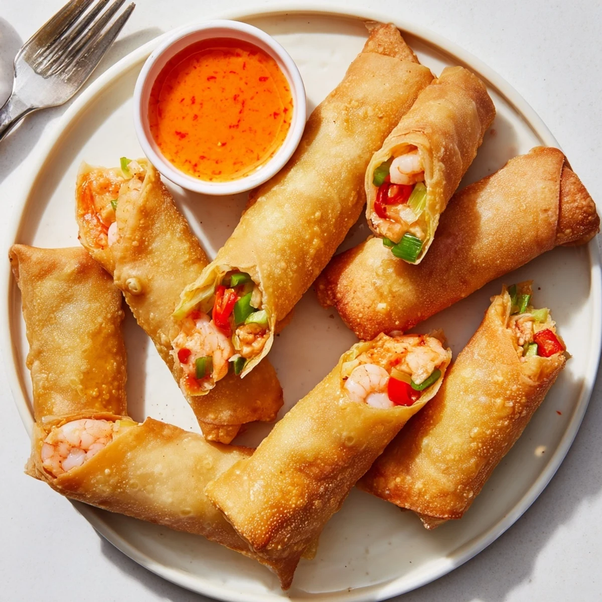 Voodoo Egg Rolls with Creole-seasoned shrimp and andouille sausage served alongside tangy remoulade sauce
