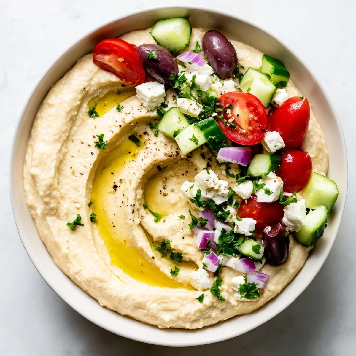 Creamy Greek style loaded hummus topped with fresh tomatoes, cucumber, olives, and crumbled feta cheese