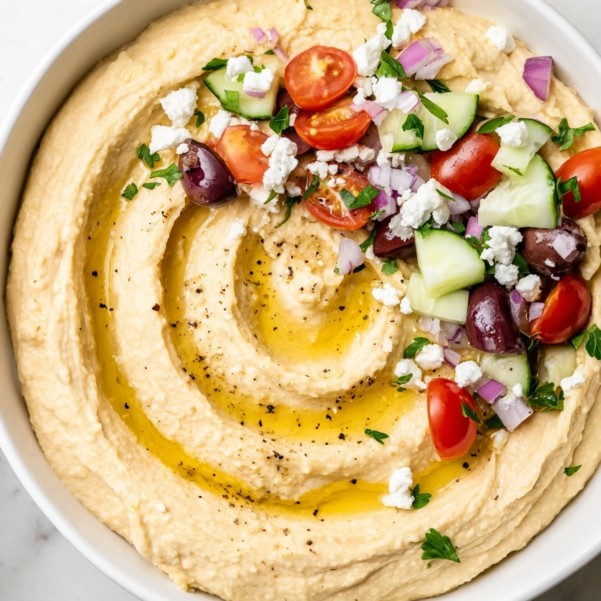 Vibrant Mediterranean platter featuring Greek style loaded hummus garnished with colorful vegetables and aromatic herbs