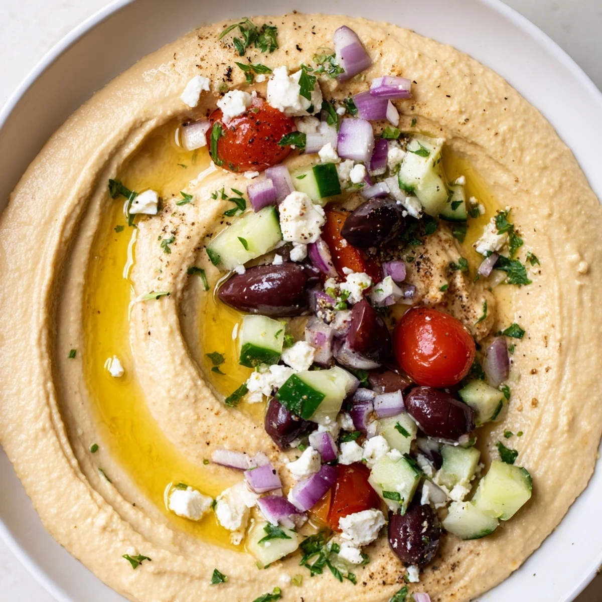 Golden drizzle of olive oil over Greek style loaded hummus arranged with diced vegetables and tangy feta
