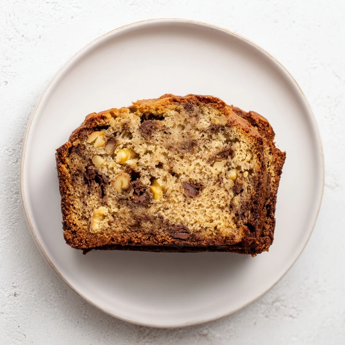 Golden brown super moist banana bread loaf with a tender crumb, freshly baked and sliced on a wooden board