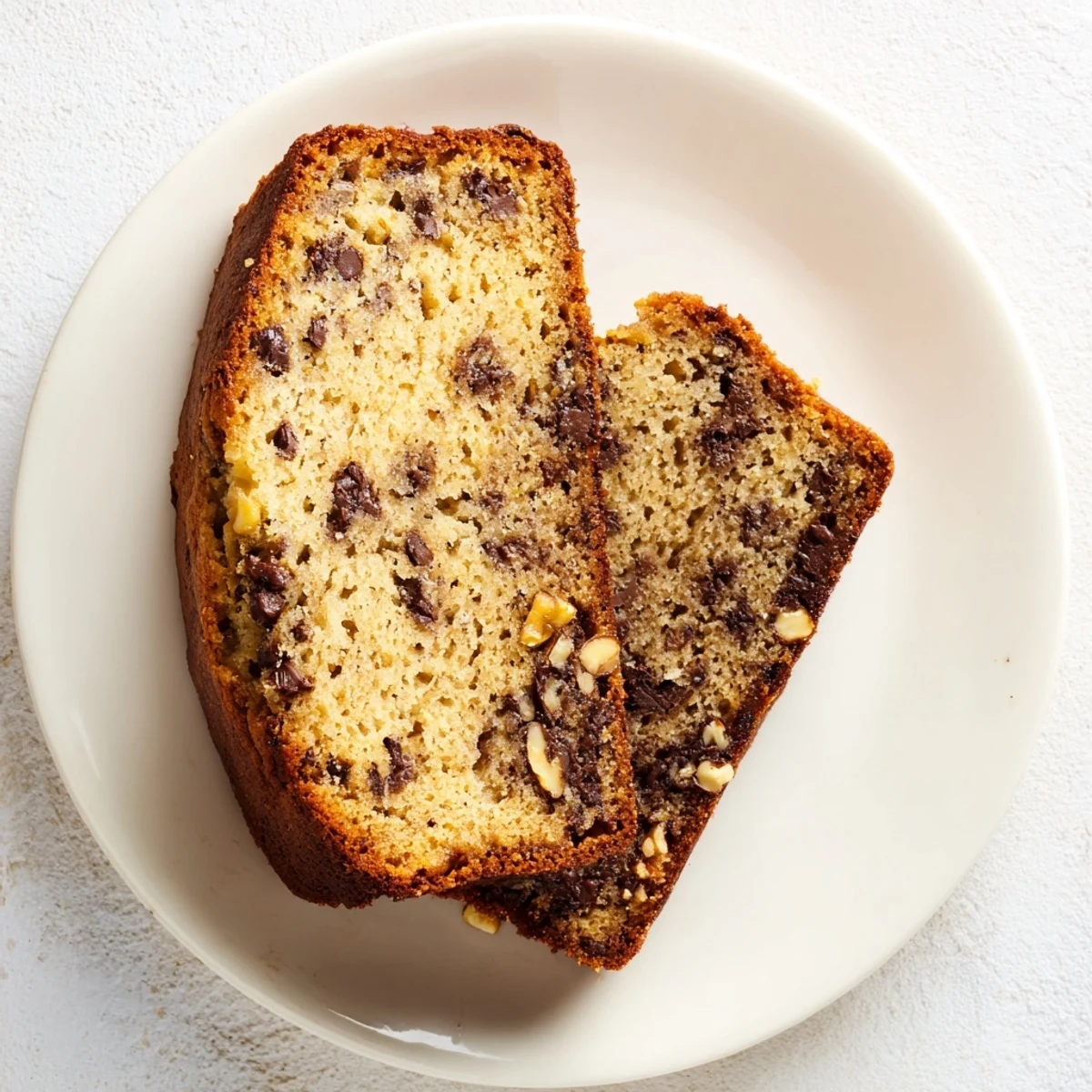 Warm slice of super moist banana bread topped with melted butter, showcasing its soft interior and dark speckles