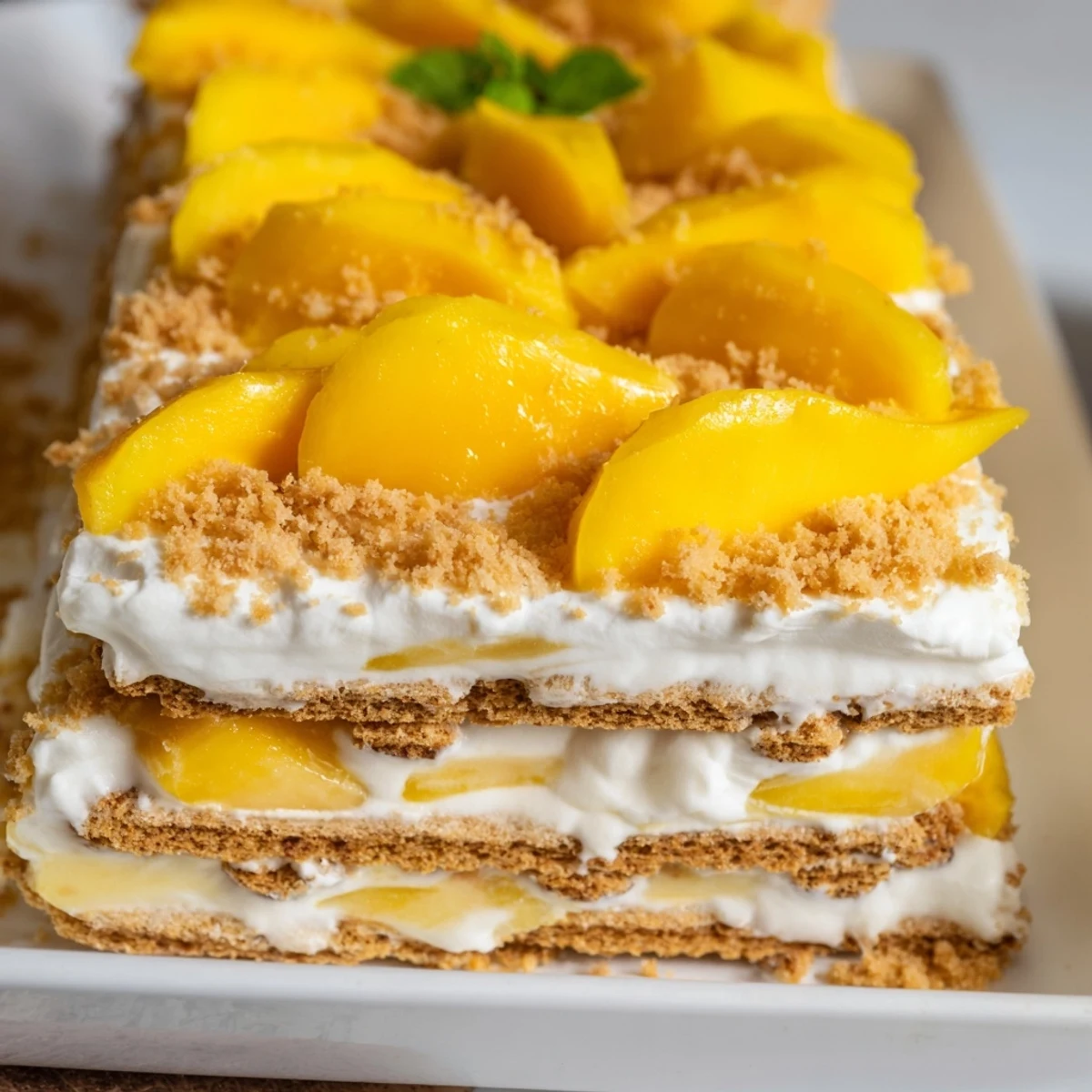 Golden Filipino mango float dessert layered with sweet cream, graham crackers, and ripe mango slices