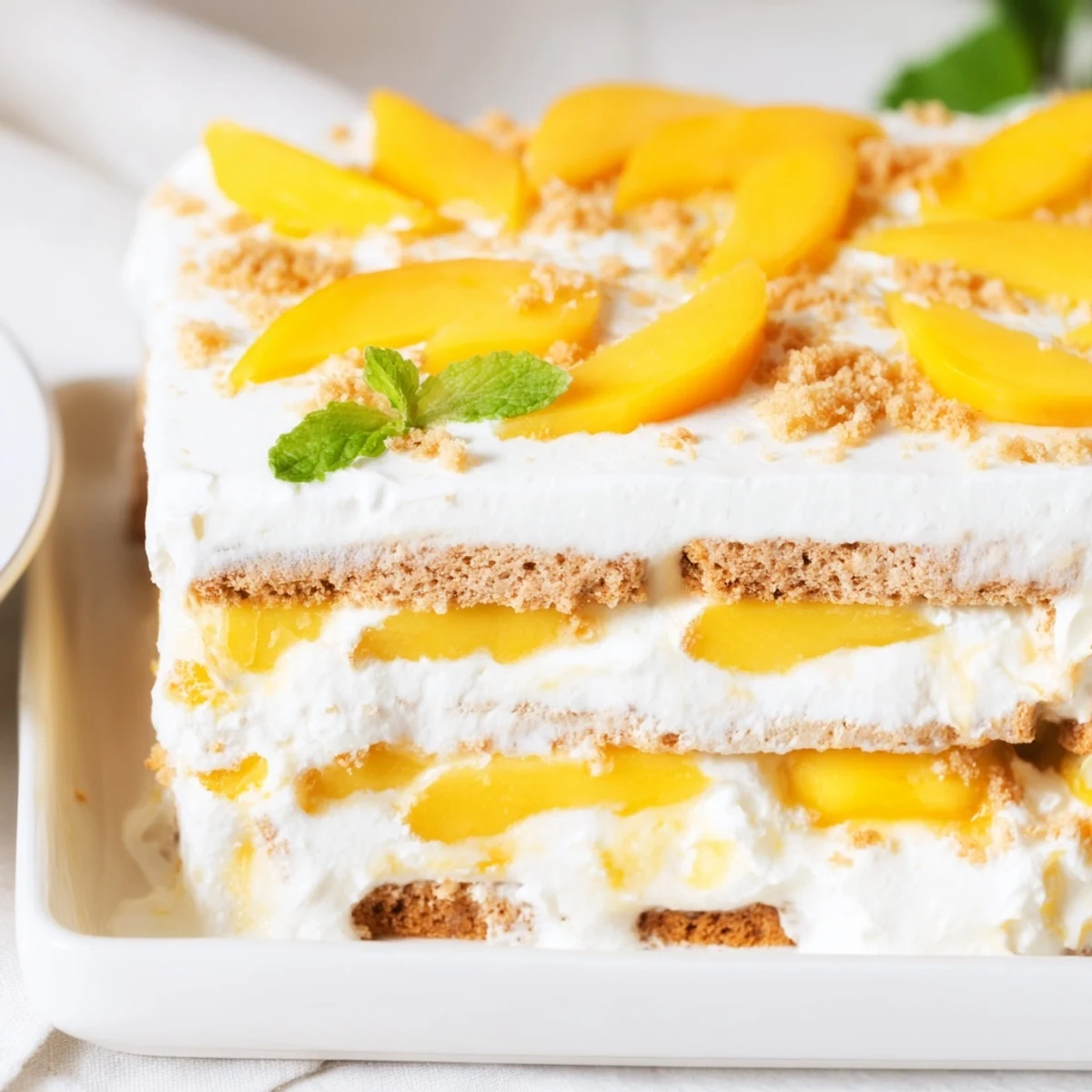 Creamy no-bake Filipino mango float chilled in glass dish with fresh mango topping