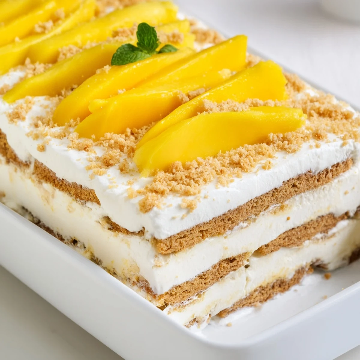 Luscious Filipino mango float featuring layers of whipped cream, graham crackers, and golden mangoes