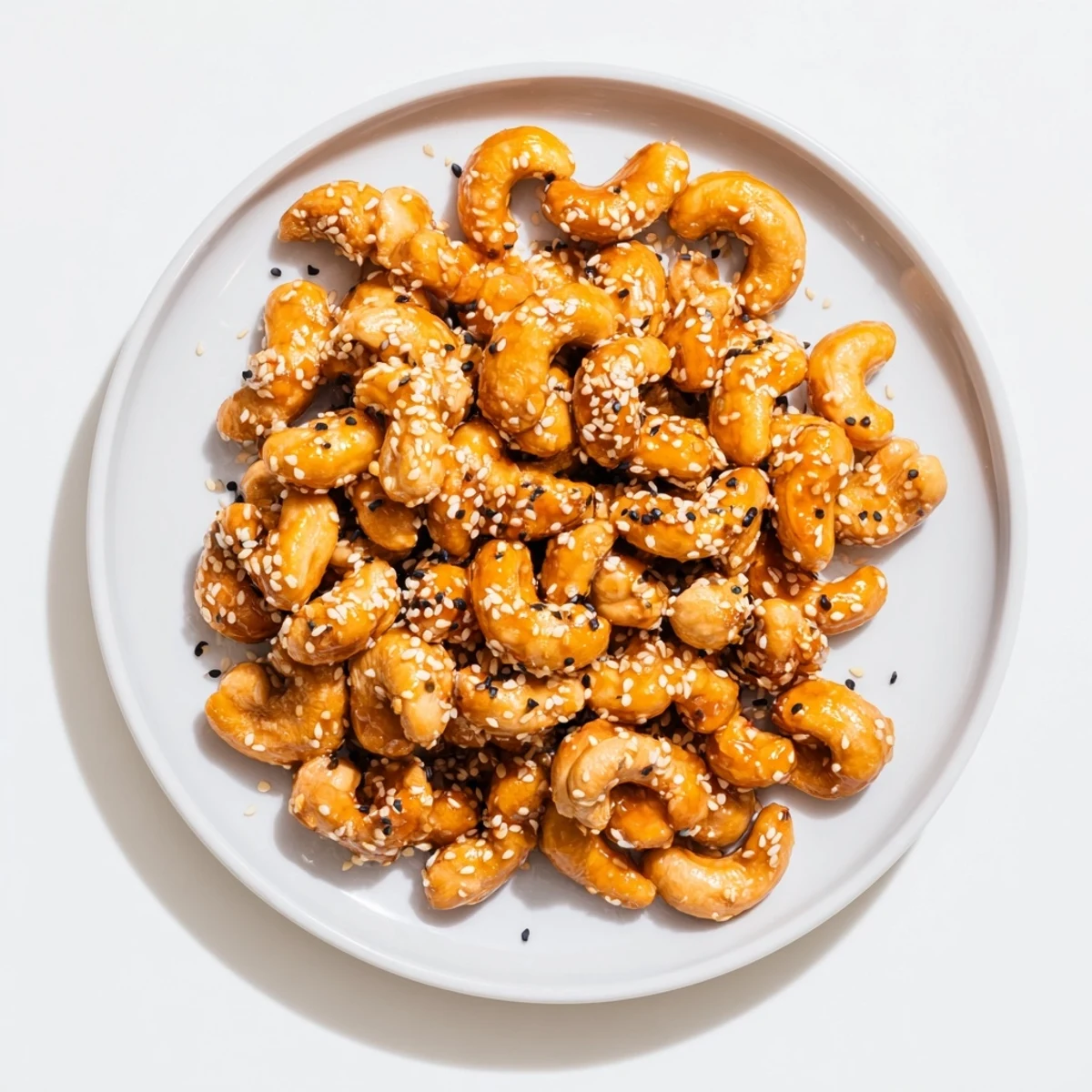 Golden brown honey sesame cashews arranged on a wooden board with visible glossy honey coating and scattered toasted sesame seeds