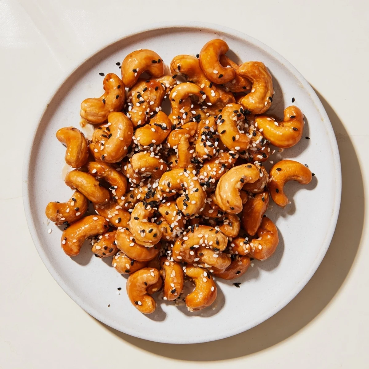 A close-up bowl of honey sesame cashews showing their crunchy texture and sweet glazed finish perfect for party snacking