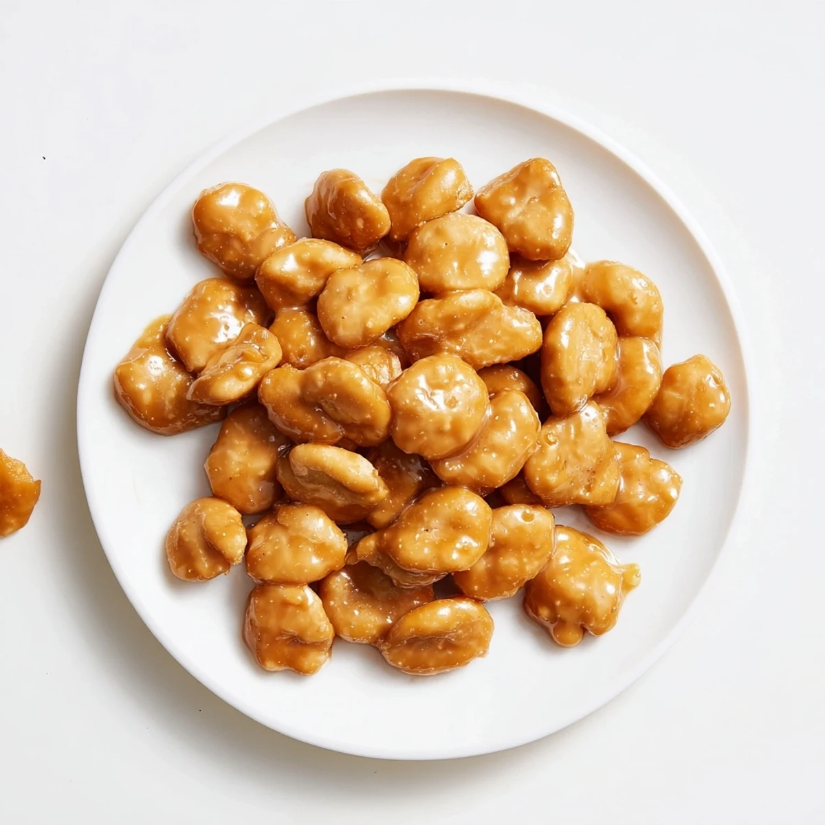 Golden caramel coated oyster crackers piled high on a white serving platter