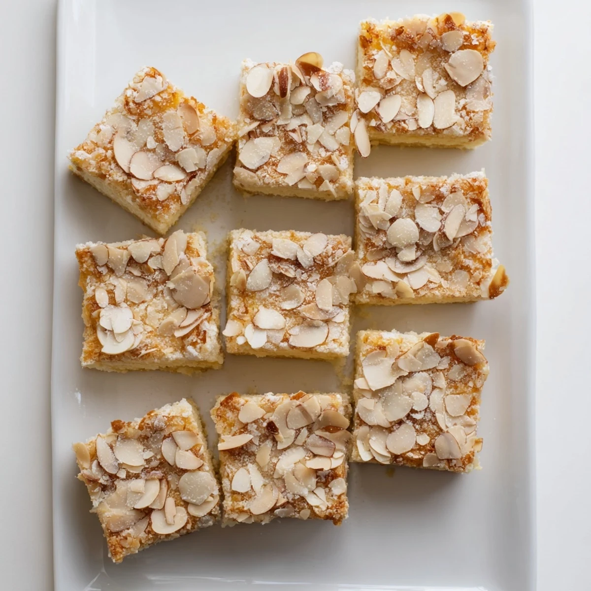 Golden Easy Ricotta Cloud Squares with almond crunch topping on a white serving plate