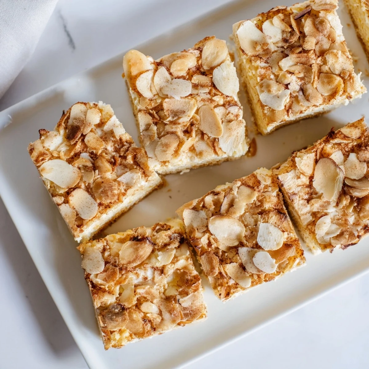 Fluffy ricotta dessert squares baked with cinnamon sugar almonds sliced into portions
