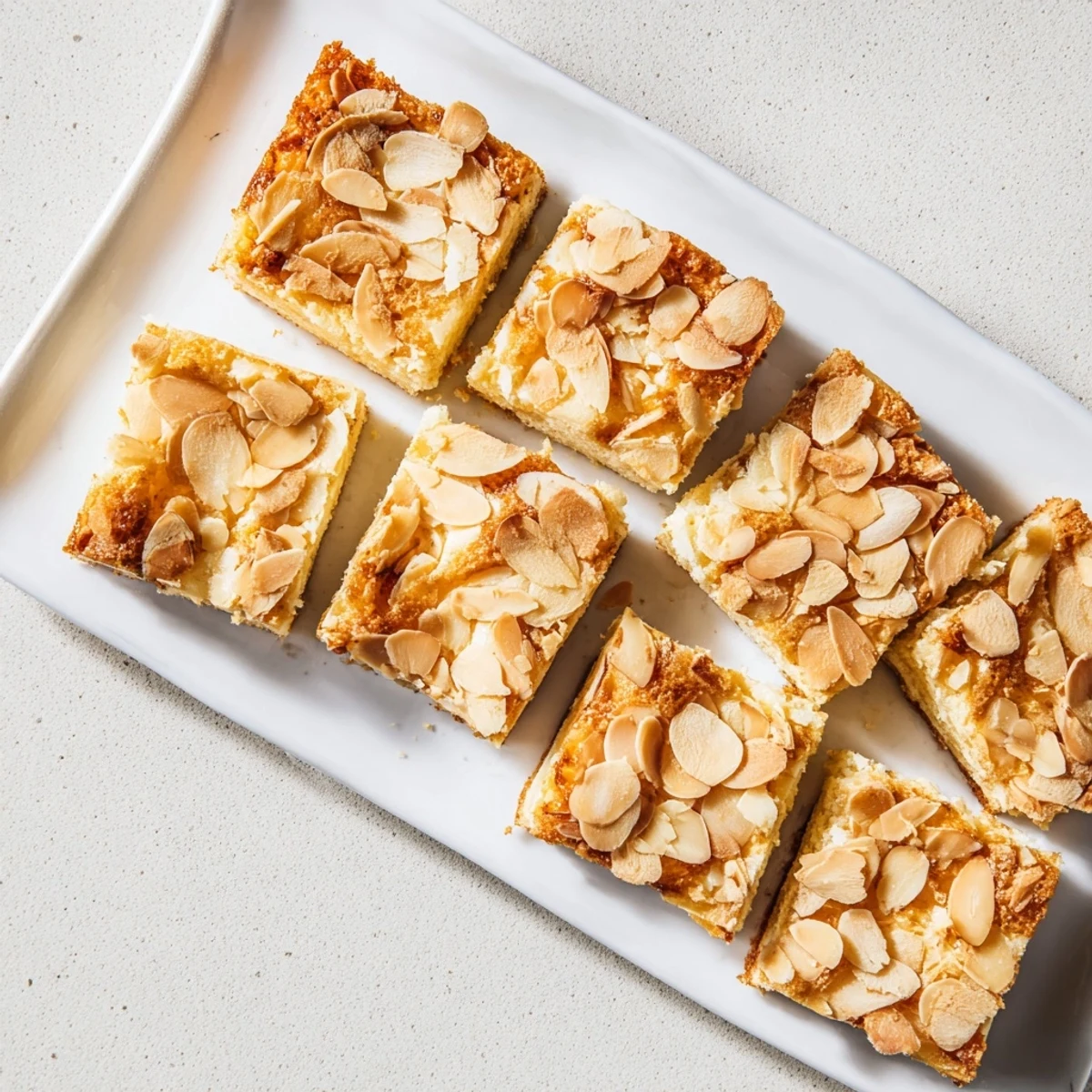 Close up of Easy Ricotta Cloud Squares with golden almond topping freshly baked