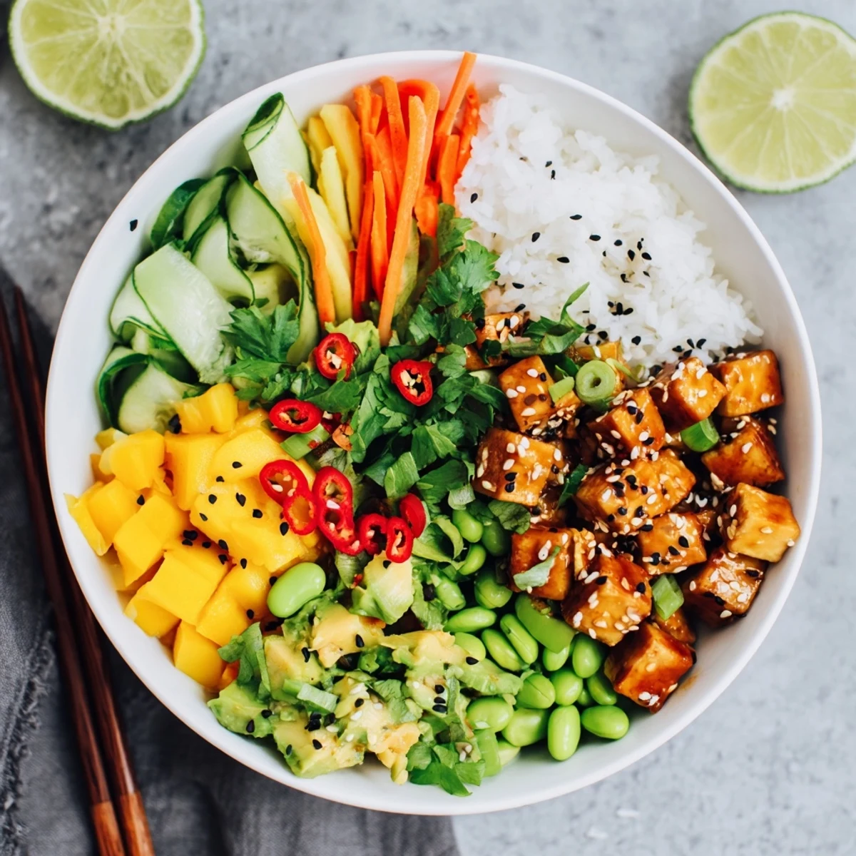 Colorful avocado mango poke salad bowl with marinated tofu, fresh greens, and sesame seed garnish