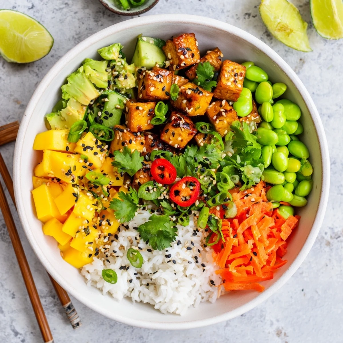 Fresh avocado mango poke salad featuring cubed tofu, edamame, and vibrant vegetables over sushi rice