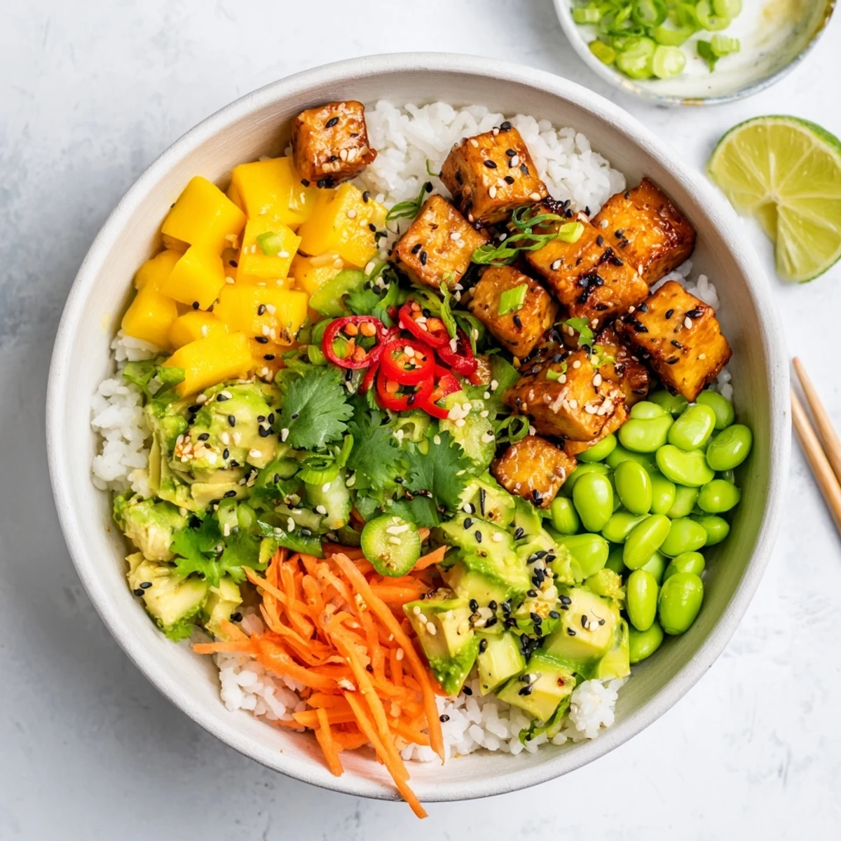 Vegan avocado mango poke salad arranged in a bowl with cilantro, lime wedges, and sliced chili