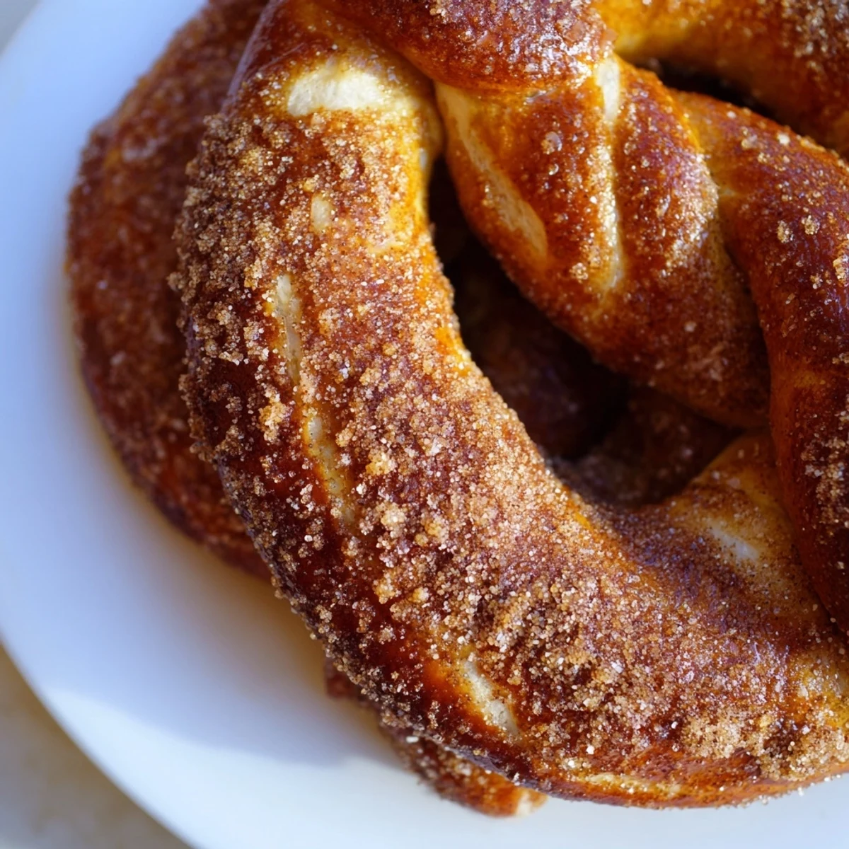 Golden brown cinnamon sugar soft pretzels fresh from the oven with buttery coating