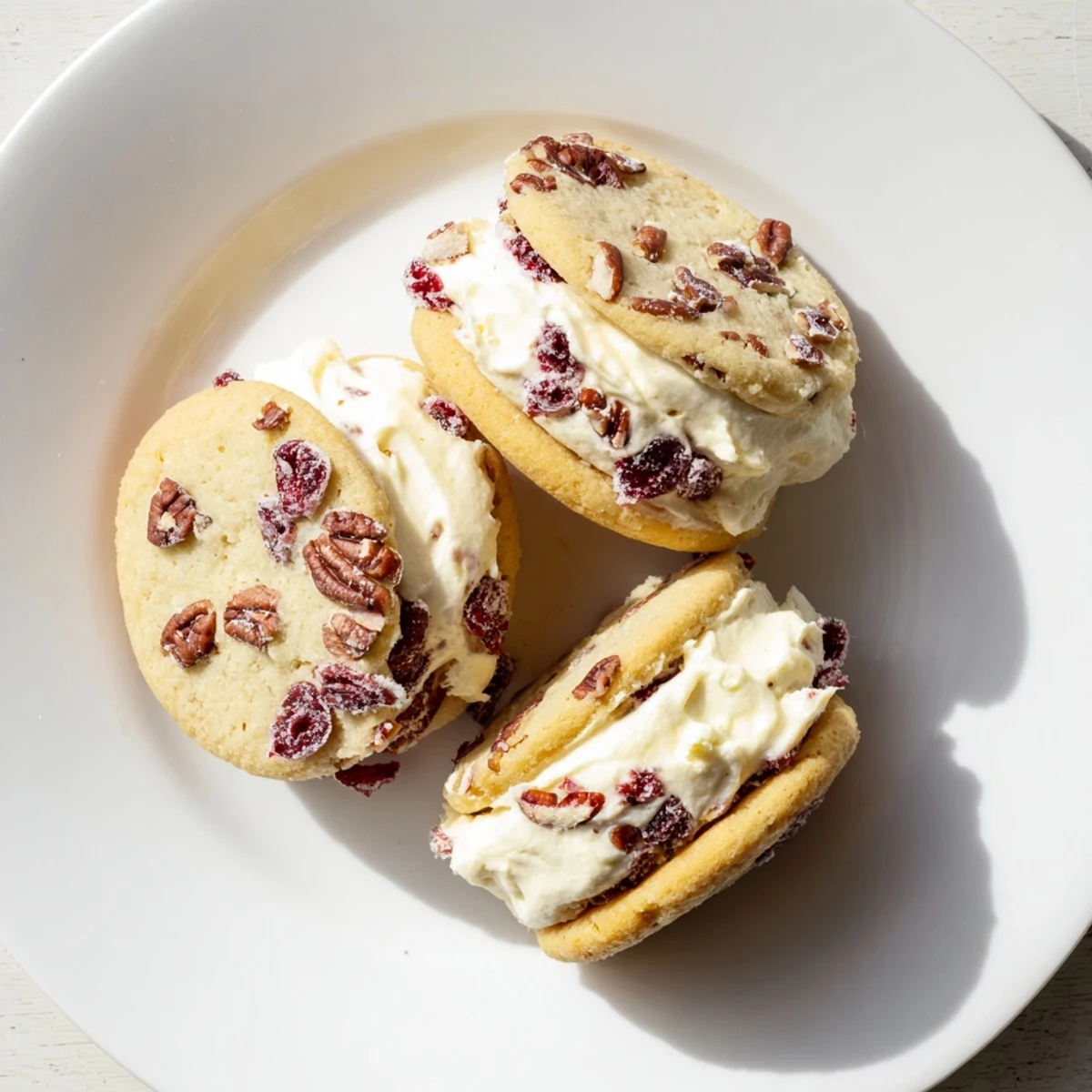 Golden cranberry pecan sandwich cookies with creamy cream cheese filling stacked on a white plate