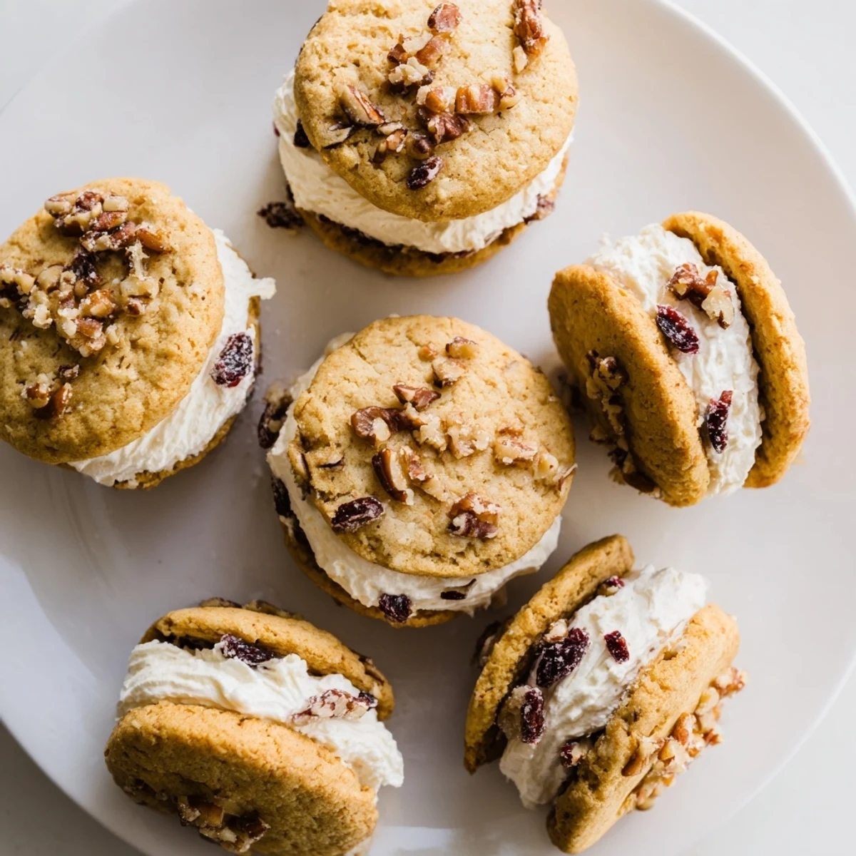 Close-up shot of cranberry pecan sandwich cookies showing red berries and nut chunks in cream cheese frosting