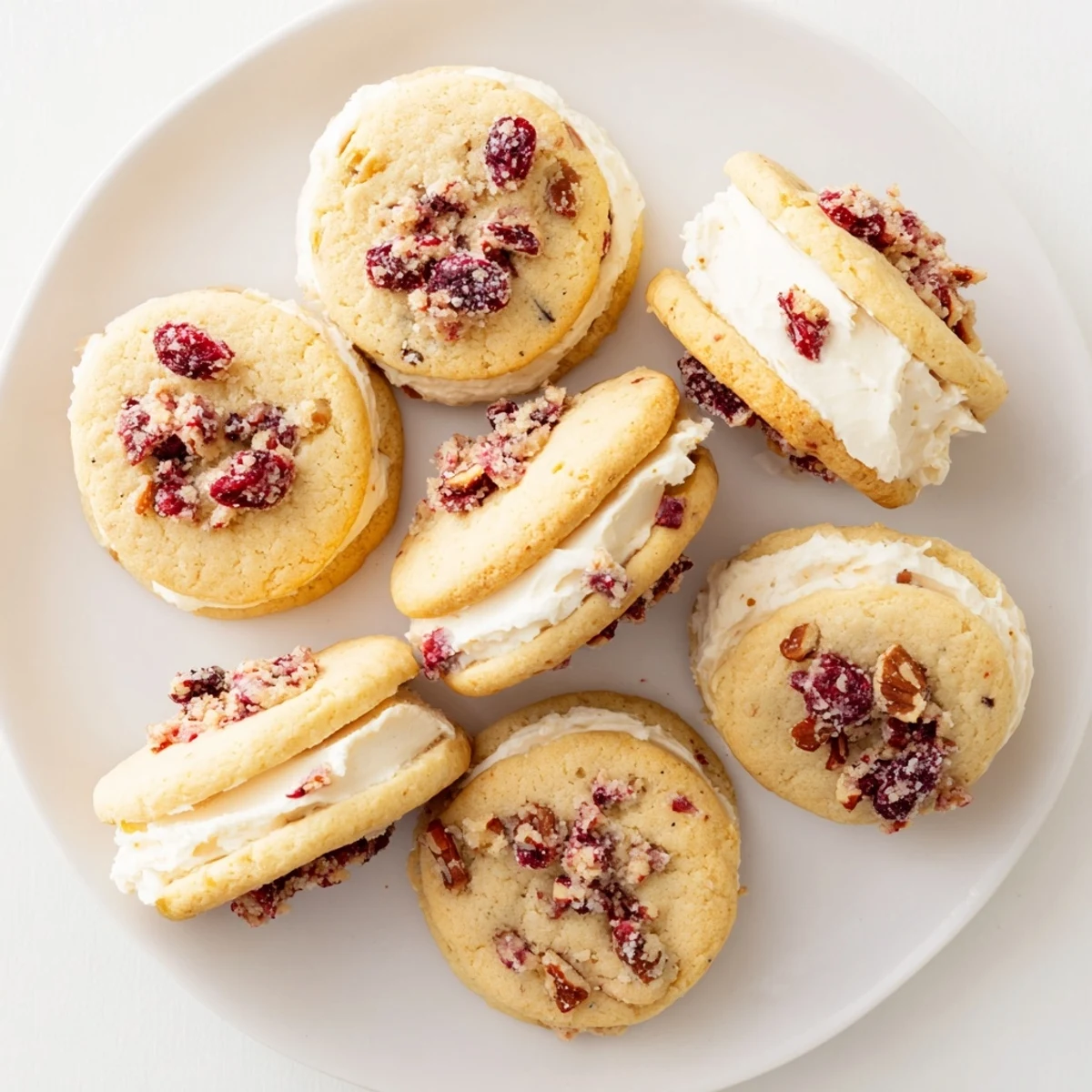 Two buttery sandwich cookies filled with tangy cranberries and toasted pecans with sweet frosting peeking out