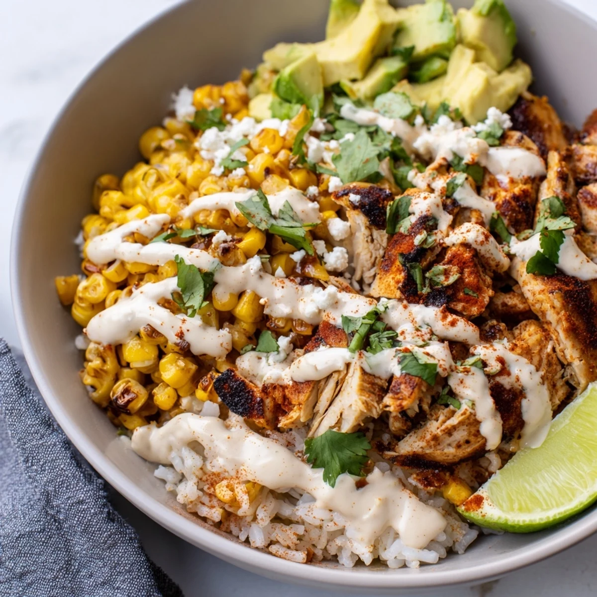 Spicy street corn chicken rice bowl featuring charred corn and juicy grilled chicken strips