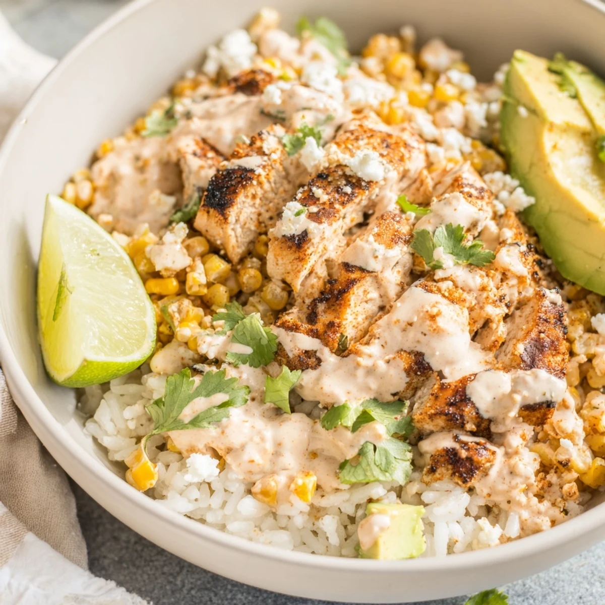 Vibrant street corn chicken rice bowl garnished with cilantro and zesty lime wedges