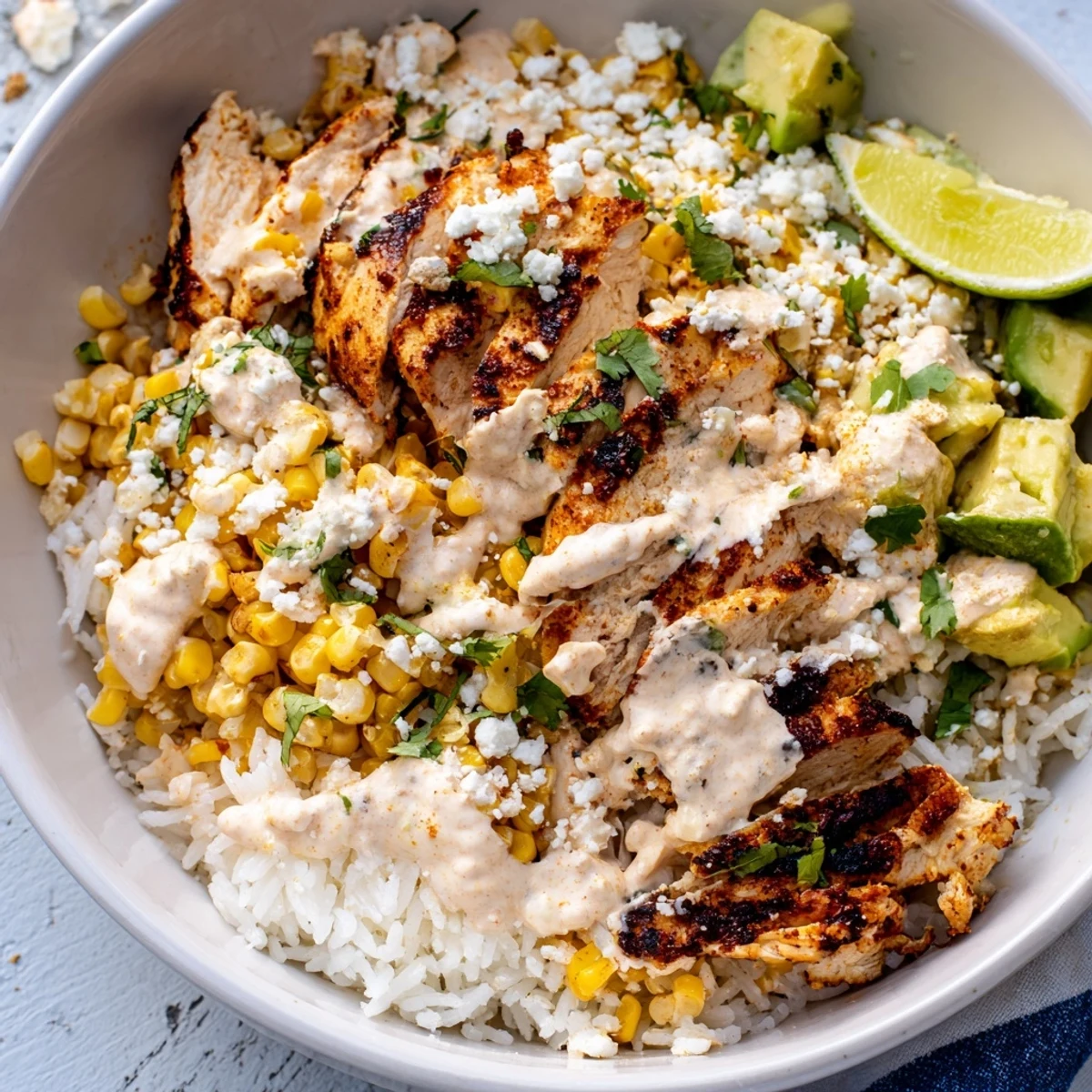 Golden street corn chicken rice bowl topped with creamy cotija sauce and fresh avocado