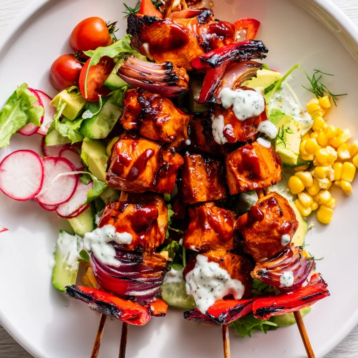 Golden BBQ chicken skewers arranged over crisp mixed greens with colorful vegetables and creamy herby ranch dressing