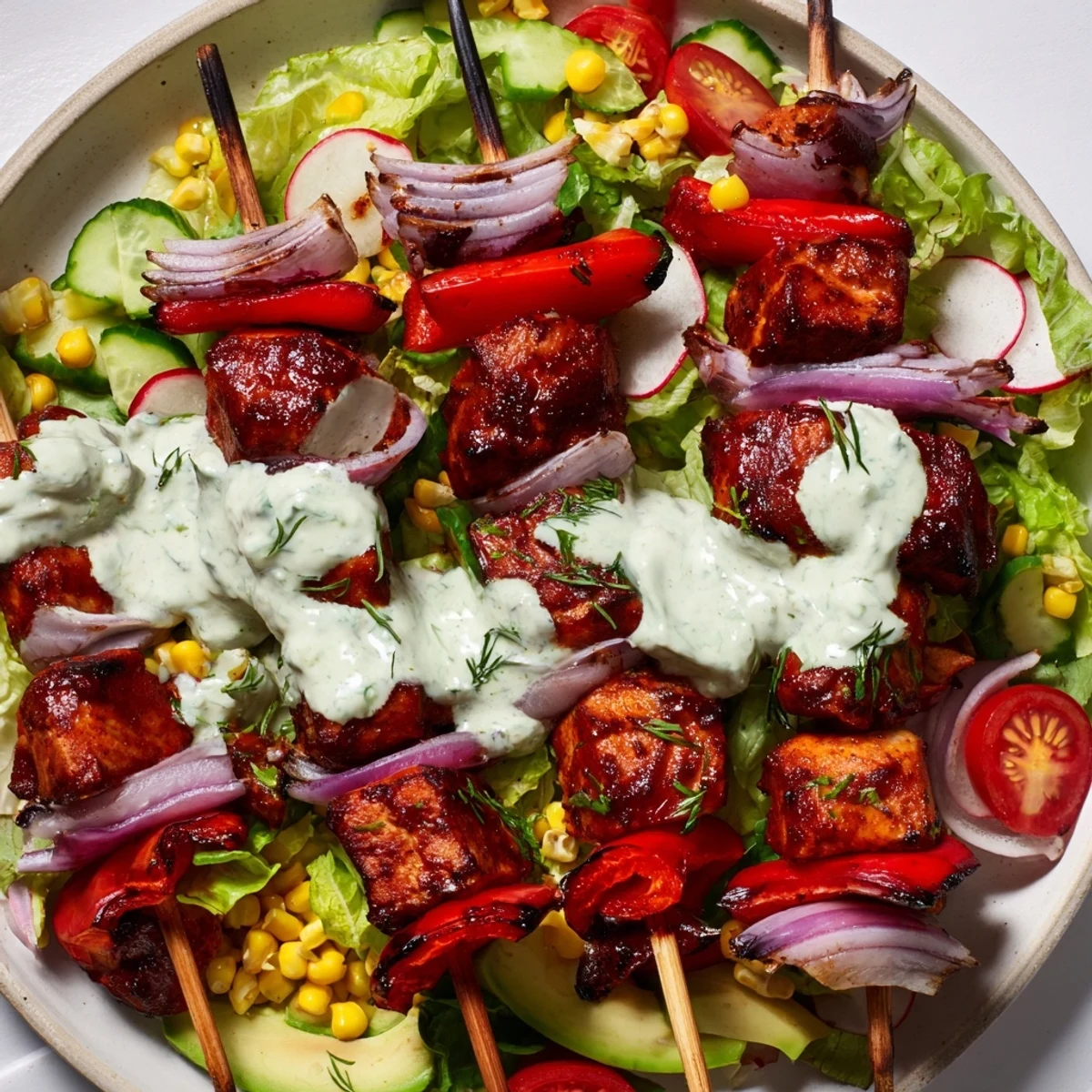 Glossy grilled BBQ chicken skewers resting atop fresh salad with cherry tomatoes avocado and drizzled homemade ranch