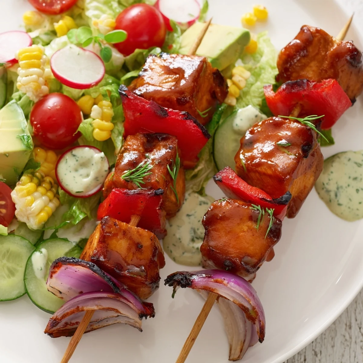 Charred BBQ chicken skewers plated on vibrant garden salad topped with tangy herby ranch for a complete meal