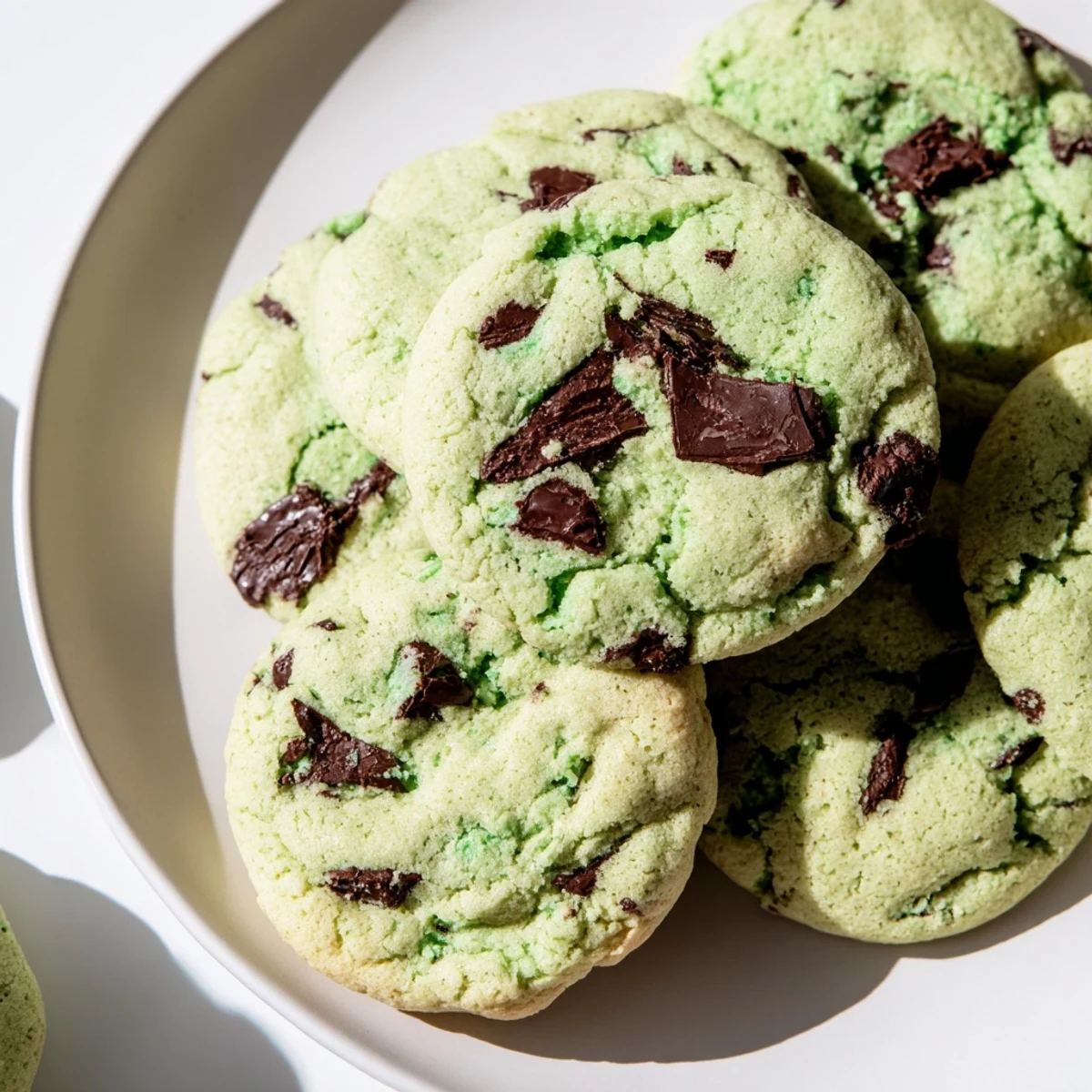 Soft green mint chocolate chip cookies fresh from the oven with melty chocolate chips