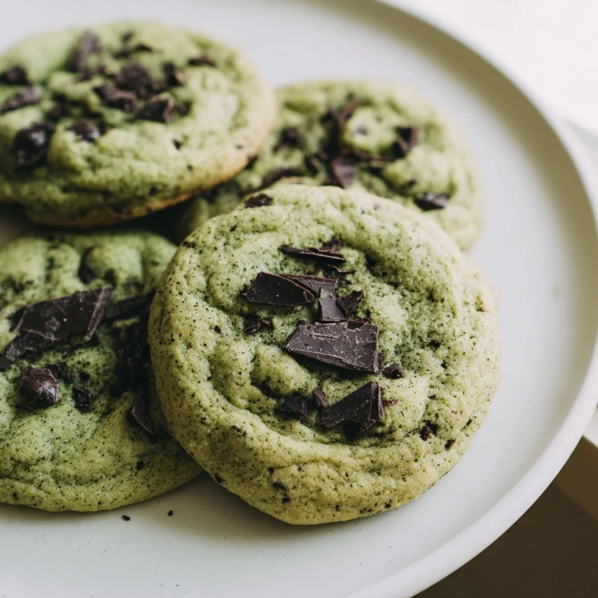 Chewy green mint chocolate chip cookies stacked on a white wire cooling rack