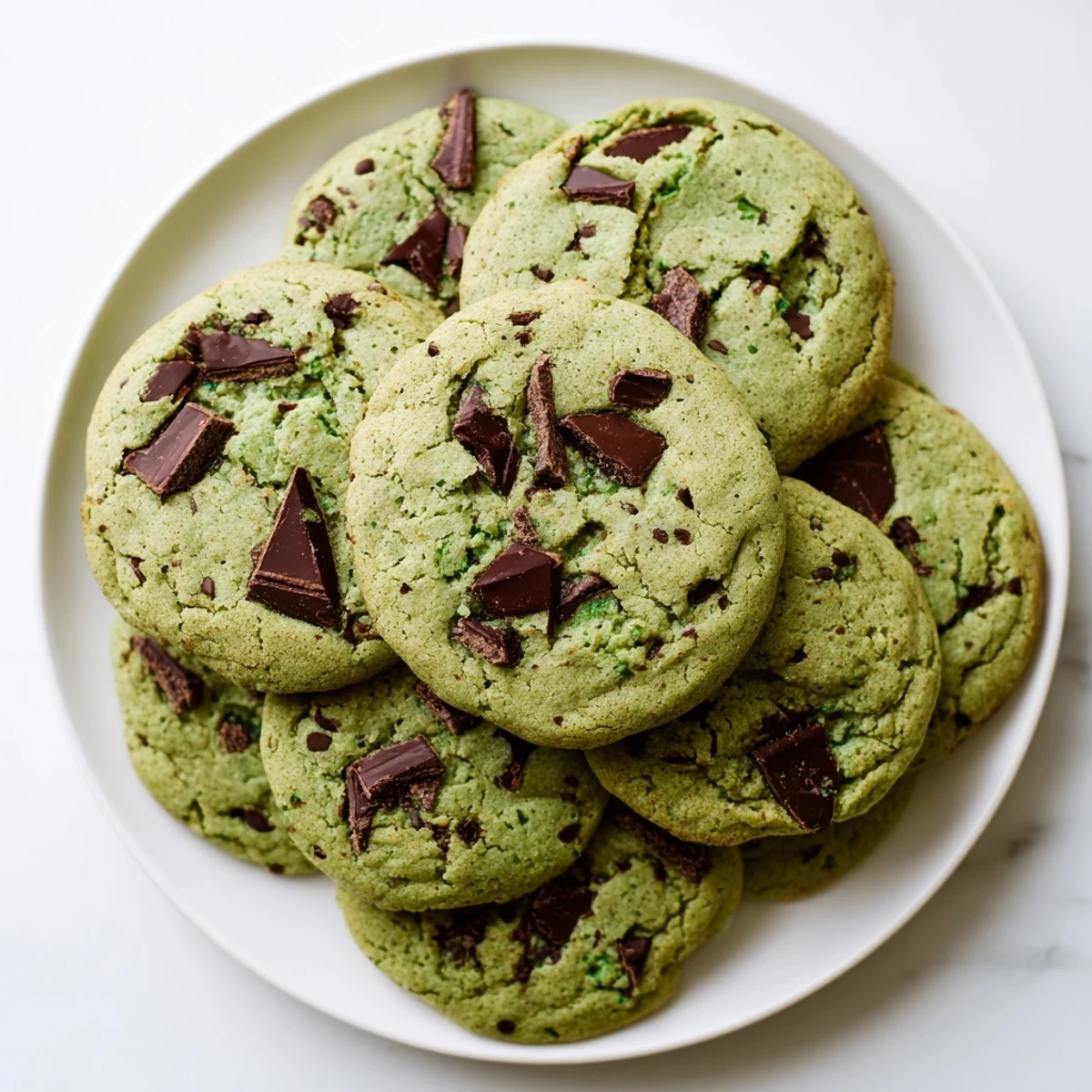 Close-up of soft green mint chocolate chip cookies showing their vibrant color and chocolate chunks