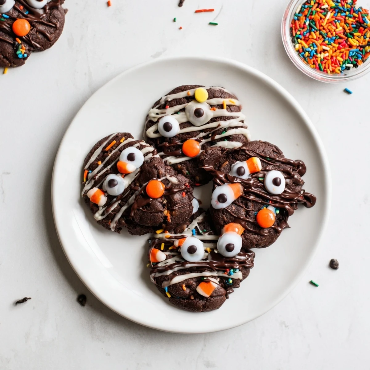 Spooky Chocolate Orange Freaky Face Cookies decorated with candy eyeballs and colorful sprinkles for Halloween.