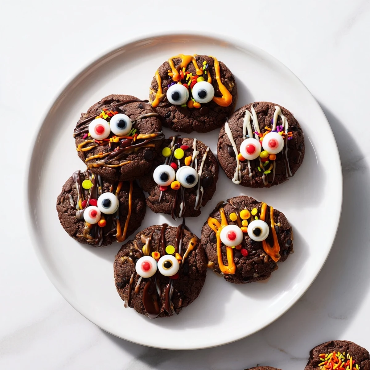 Freshly baked Chocolate Orange Freaky Face Cookies featuring playful faces on a dark wooden board.