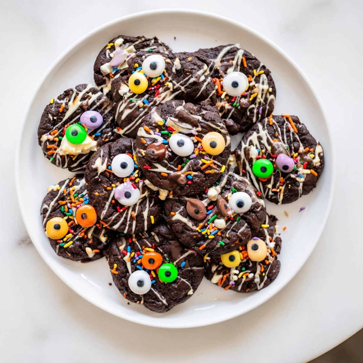 Rich chocolate orange cookies with spooky face toppings on a white decorative serving platter.