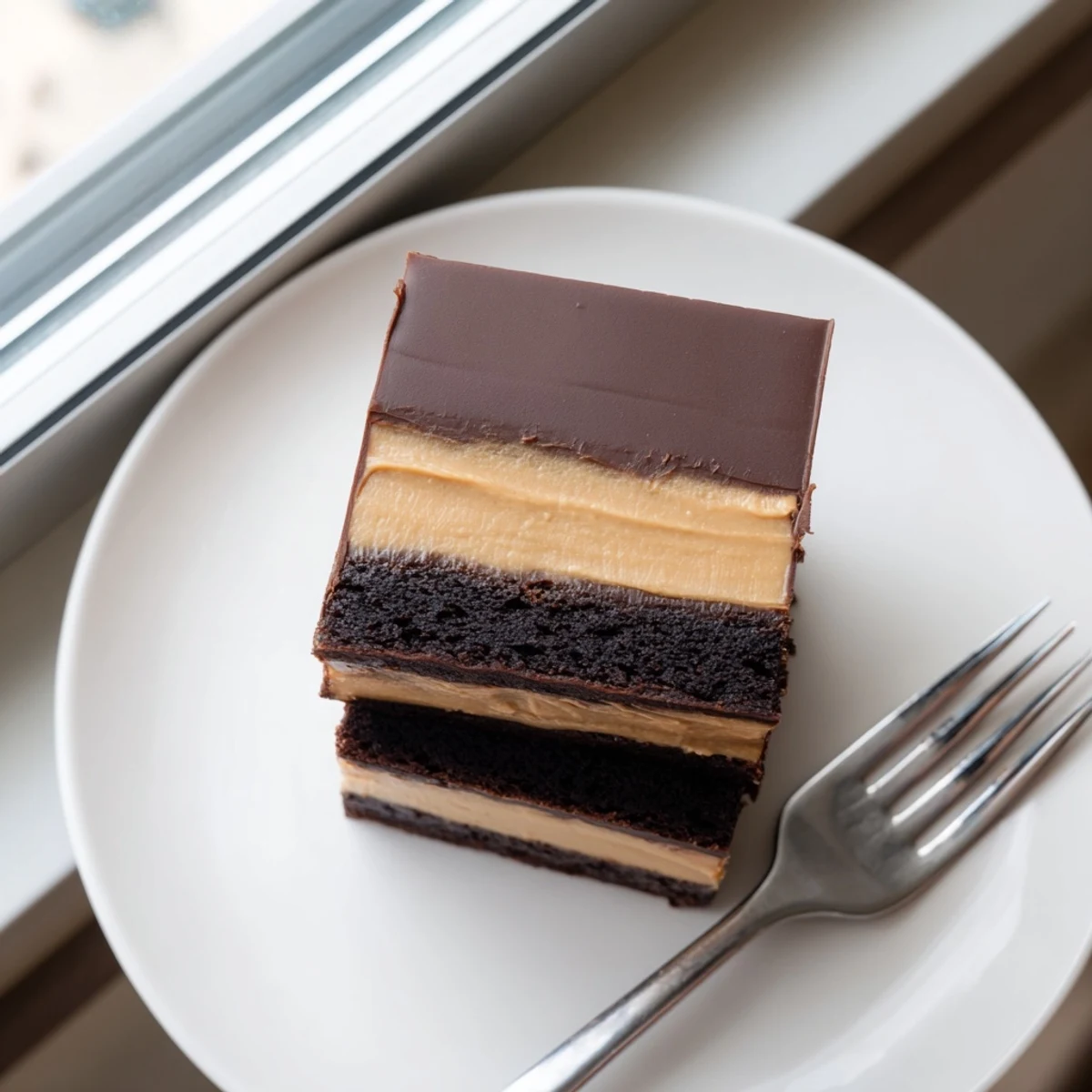 Rich layered peanut butter brownies topped with smooth chocolate ganache on a white plate