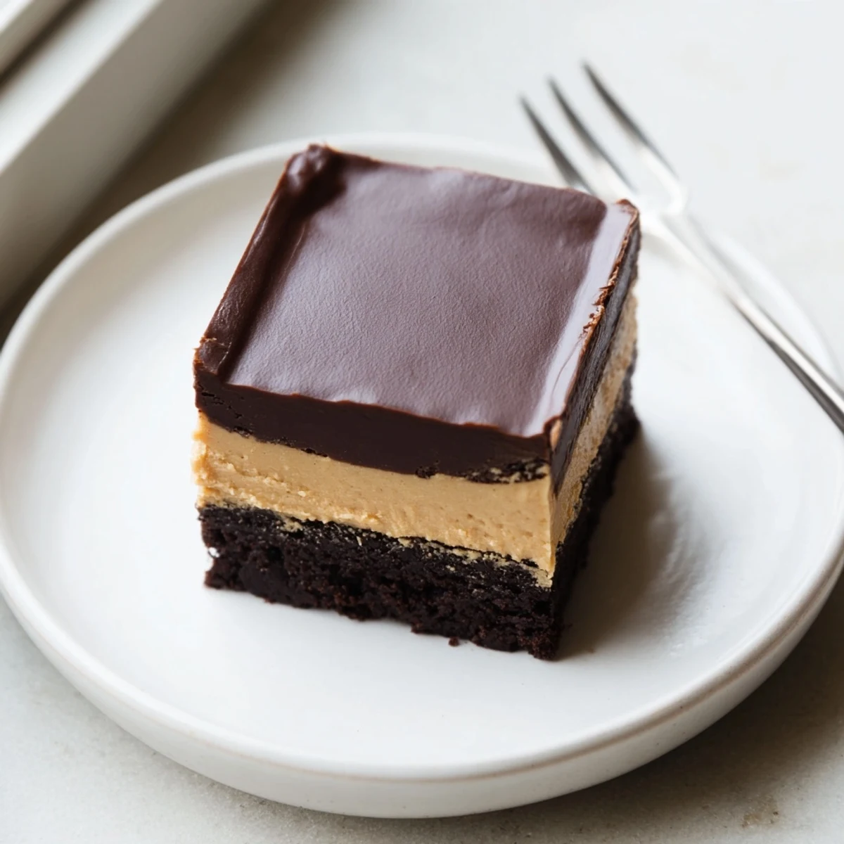 Fudgy homemade layered peanut butter brownies cut into squares revealing creamy peanut butter middle
