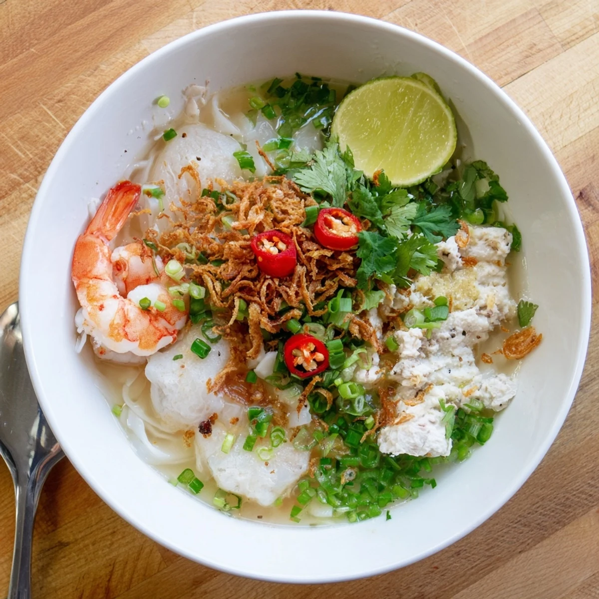 Steaming bowl of Banh Canh Cua with thick tapioca noodles, crab meat, and aromatic broth topped with fresh cilantro