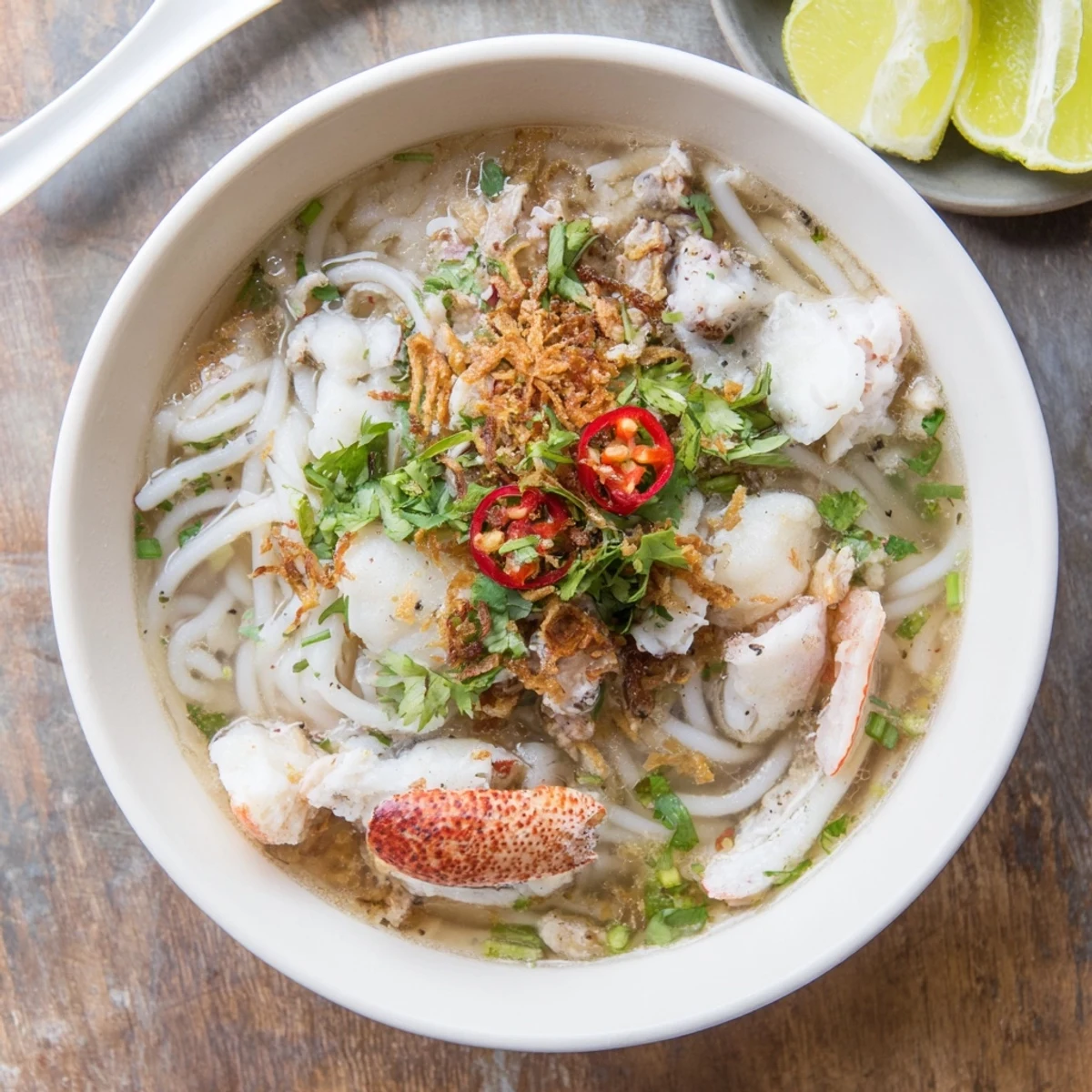 Vietnamese Banh Canh Cua featuring succulent crab and shrimp in savory golden broth with fried shallot garnish