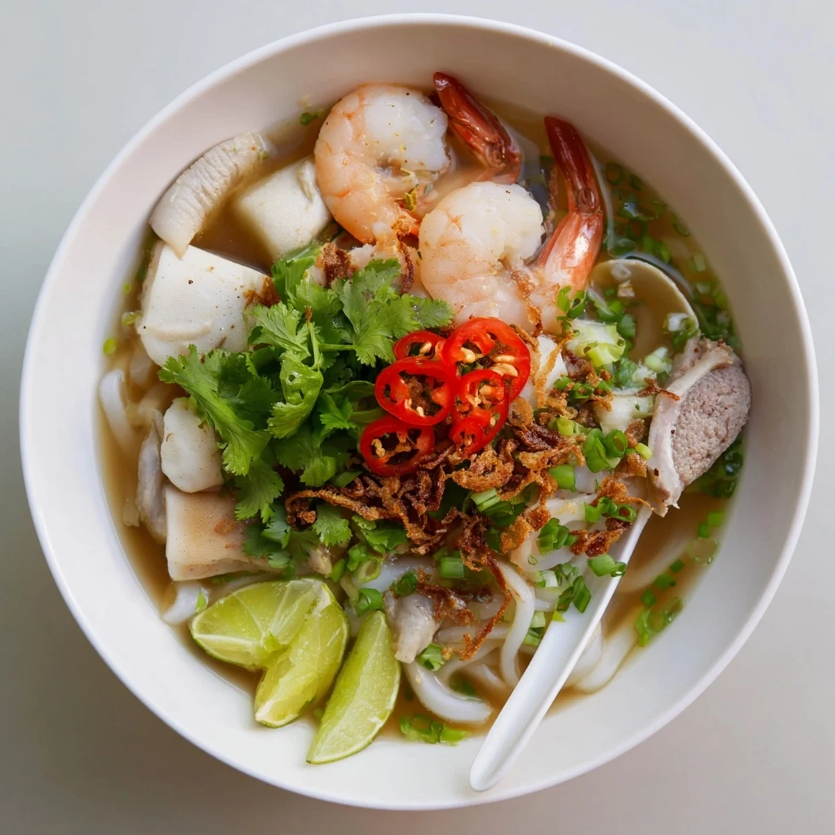 Close-up of Banh Canh Cua noodle soup with chunky crab claws, spring onions, and vibrant red chili slices