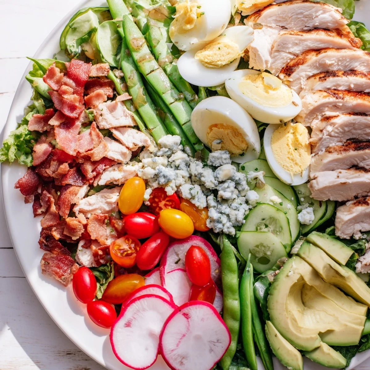 Colorful Spring Cobb Salad with grilled chicken, fresh avocado, crisp vegetables, and blue cheese on a bed of mixed greens.