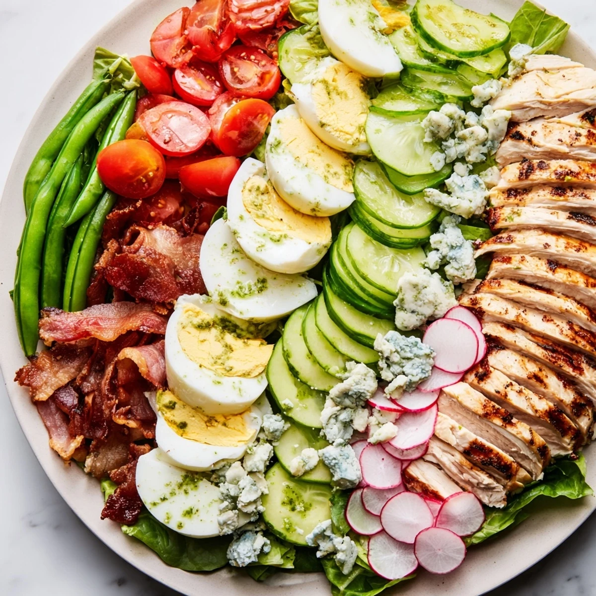Fresh Spring Cobb Salad arranged in rows with eggs, bacon, radishes, snap peas, and herb vinaigrette drizzled over spring greens.