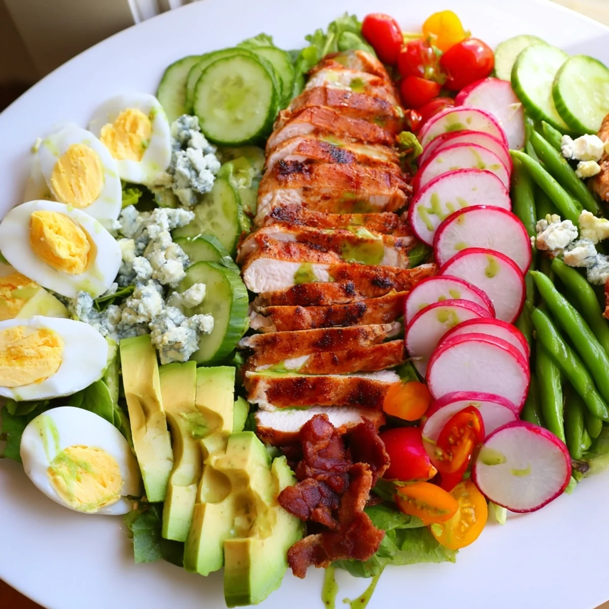 Vibrant Spring Cobb Salad plate featuring tender chicken, creamy avocado, cherry tomatoes, cucumber, and tangy cheese dressing.