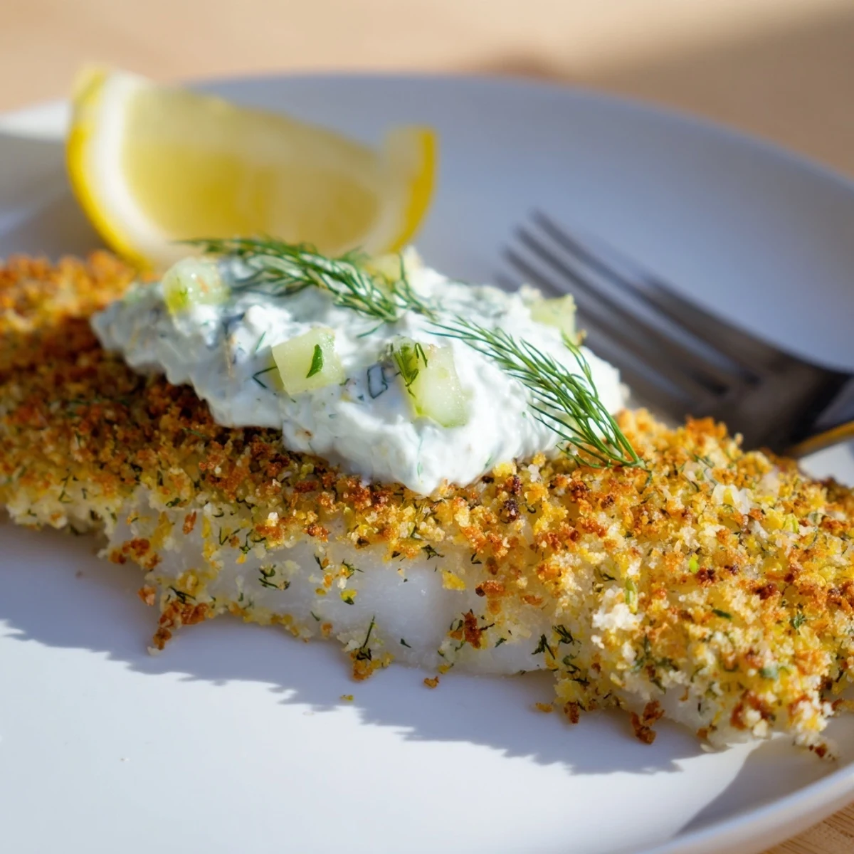 Crispy baked fish topped with golden panko crumbs served alongside cool cucumber yoghurt