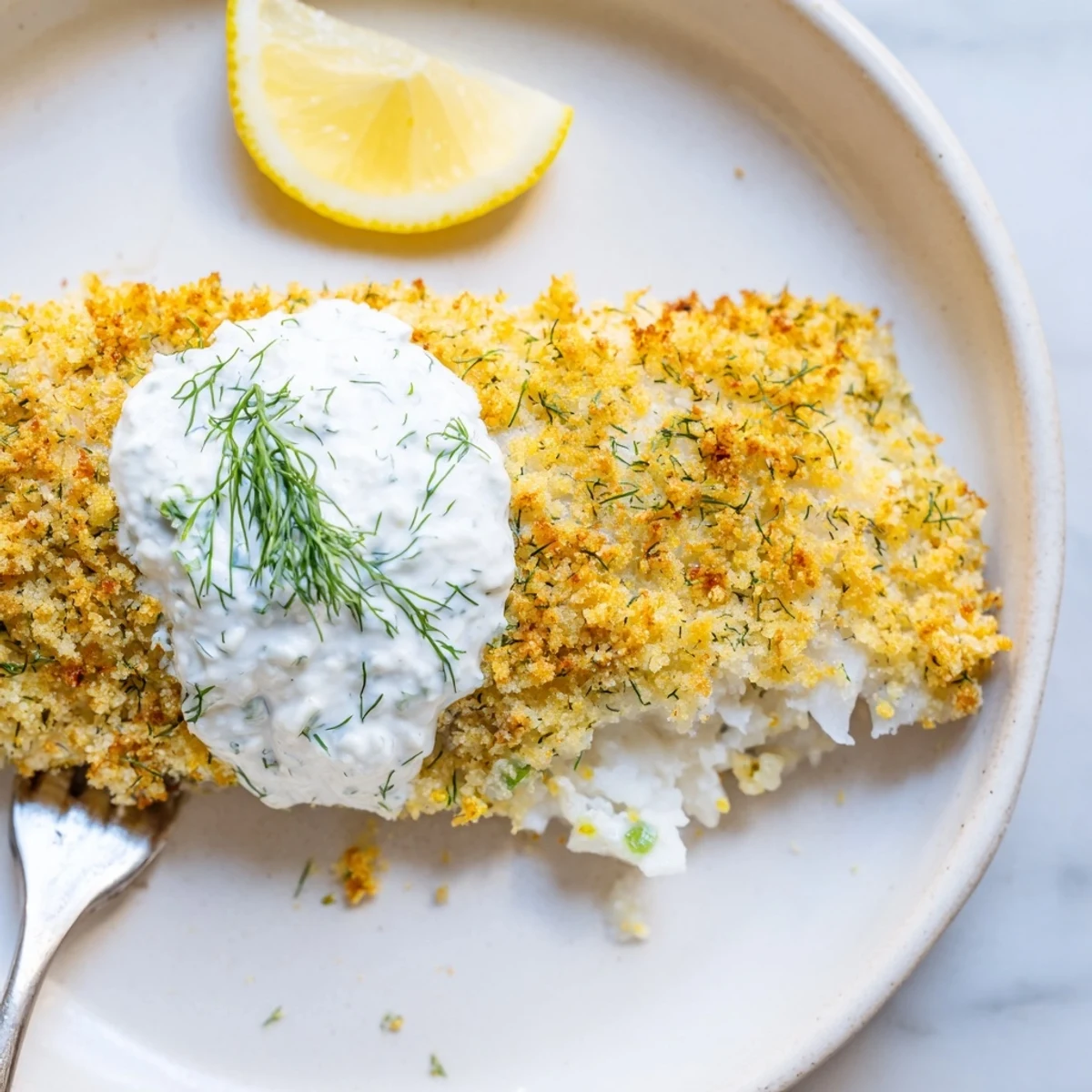 Oven baked crumbed fish with dill lemon seasoning and creamy cucumber yoghurt sauce