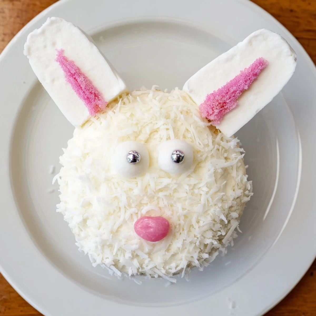 Festive bunny cupcakes decorated with coconut fur, marshmallow ears, and pink jelly bean noses