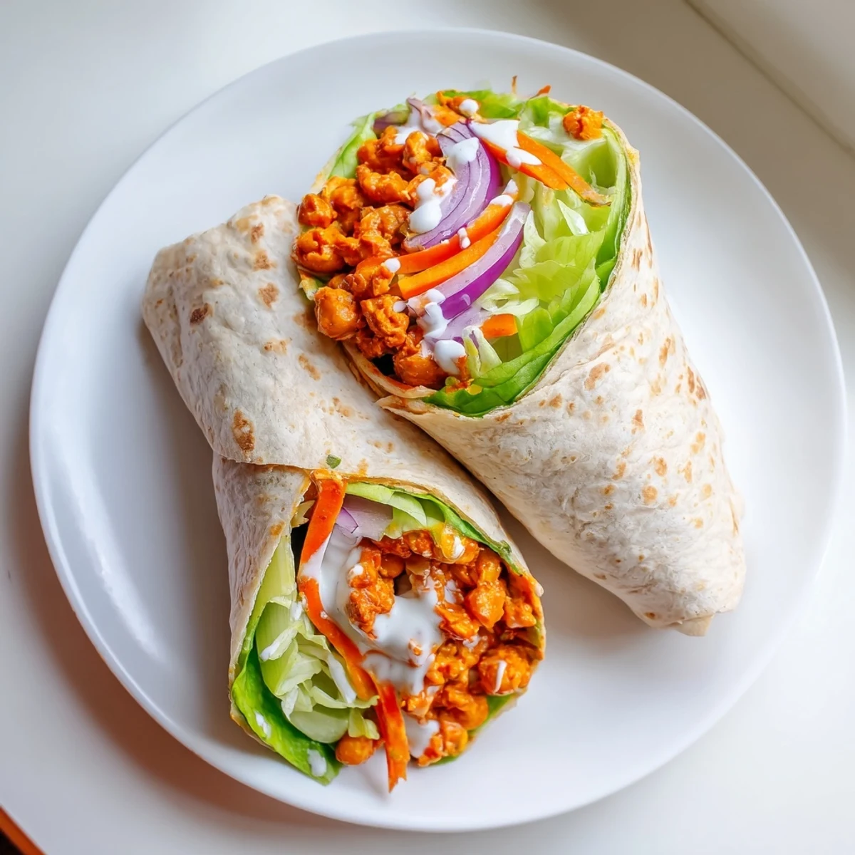 Golden buffalo chickpea wraps filled with crisp lettuce, crunchy celery, and tangy sauce wrapped in warm flour tortillas