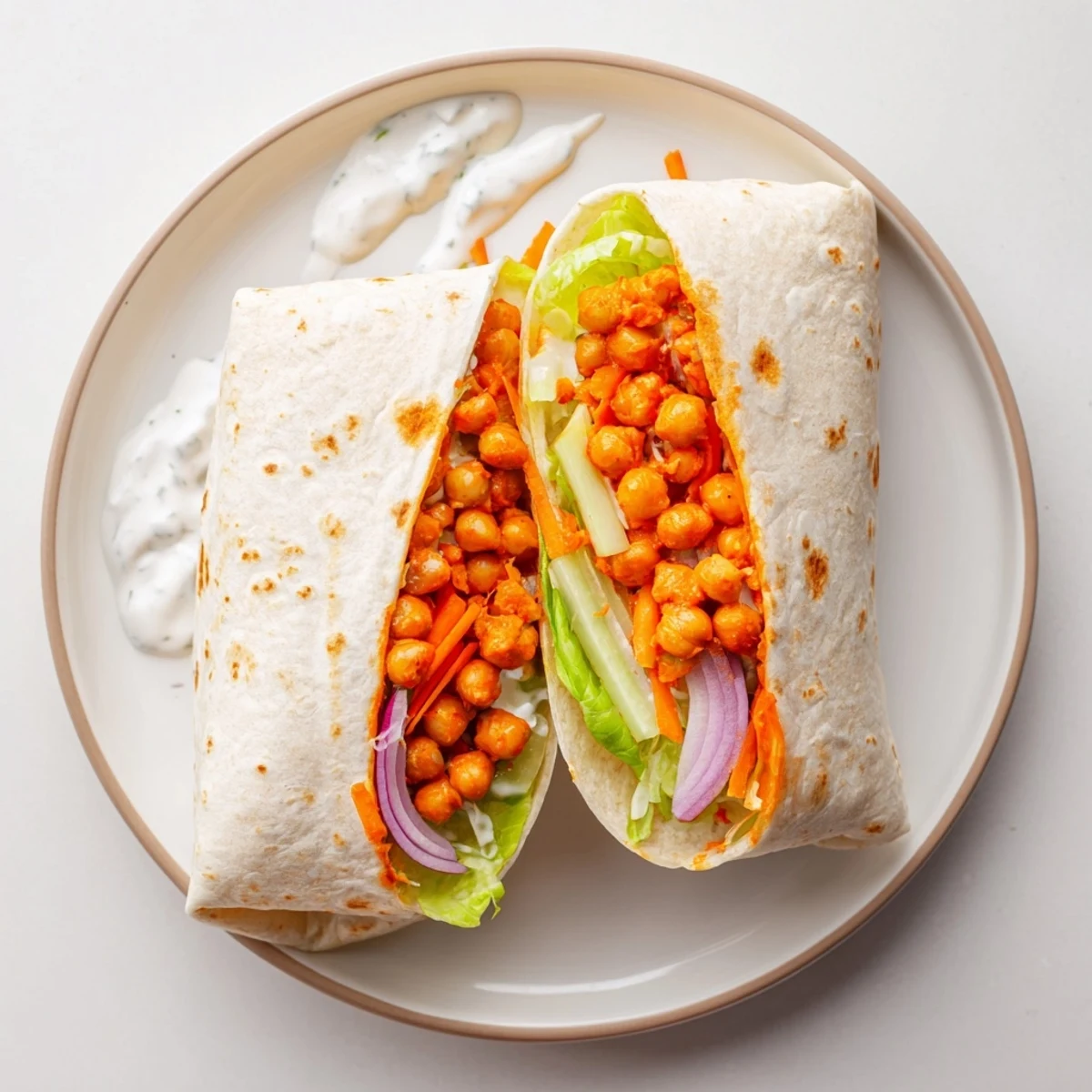Homemade buffalo chickpea wraps showcase protein-packed chickpeas tossed in hot sauce with crisp vegetables inside soft tortillas
